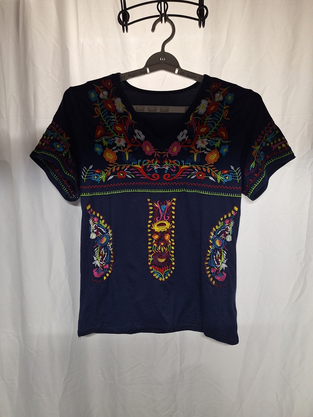 Navy Embroidered Short Sleeve Women's Blouse